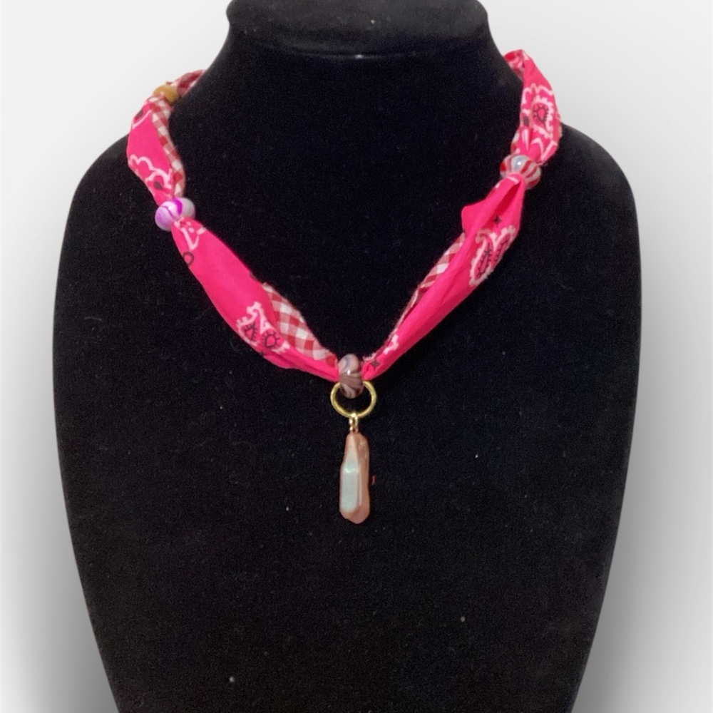 (#138) PinkAnd Red Checkered Bandana Necklace with Stone Pendant